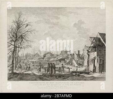 Gezicht op het Rapenburg te Leiden na de fatale buskruitrampe van 12 januari 1807. Stockfoto