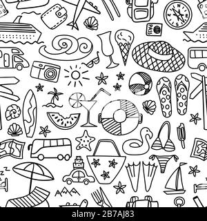Nahtloses Muster mit handgezeichneten Symbolen für Sommerreisen auf weißem Hintergrund. Beach-Doodles-Druck. Vektorgrafiken. Stock Vektor