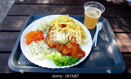 Traditionelles polnisches Abendessen - Schweinefilet, pommes frites, Salat-Set und ein Bier - klassisches Sommerferienessen. Stockfoto
