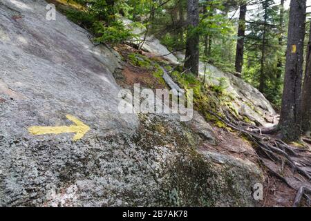 Gelbes Pfeilspray, das auf Ledge gemalt wurde, zeigt in Trailrichtung entlang des Manning Trail in New Hampshire. Dieser Weg steigt auf den Gipfel von Firescr Stockfoto