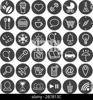 Set mit runden schwarzen Symbolen zum Thema Lifestyle. Freizeit, Sport, Essen und Hobbys. Vektor-isolierte Bilder. Stock Vektor
