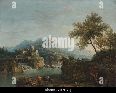 Giovanni Battista Cimaroli - Paesaggio fluviale con figure e un asino. Stockfoto