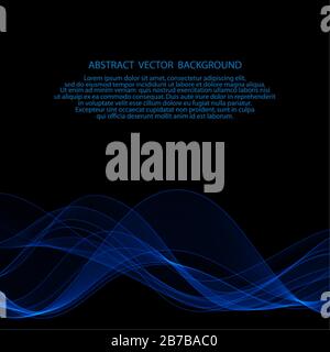 Blaue rauchige Welle auf schwarzem Hintergrund. Präsentationsvorlage. Layout für Cover, Broschüre, Flyer, Banner, Karte, Zertifikat Stock Vektor