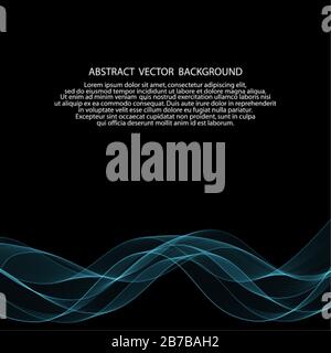 Blaue rauchige Welle auf schwarzem Hintergrund. Präsentationsvorlage. Layout für Cover, Broschüre, Flyer, Banner, Karte, Zertifikat Stock Vektor