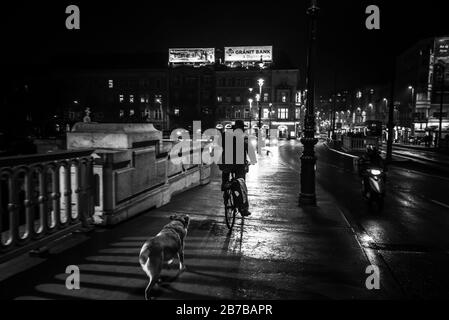 Budapest in Schwarz-Weiß-Tönen, Brücke regnerische Nachtspritzfarben. Stockfoto