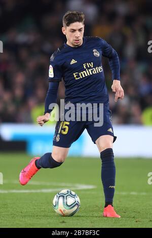 SEVILLA, 22-12-2019. Primera División Spanische Liga. LaLiga. Estadio Benito Villamarín. Federico Valverde (Real Madrid) beim Spiel Real Betis - Real Madrid. Stockfoto