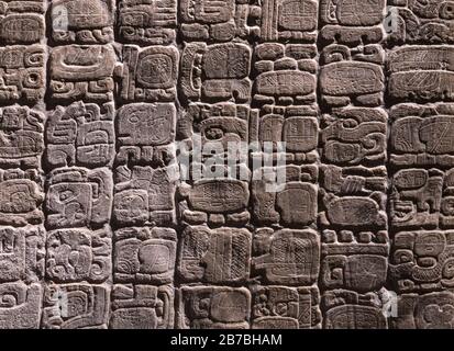 Maya-Alphabet. Hieroglyphische Schreibsysteme in Copan (Honduras), Tikal (Guatemala) und Chichen Itza, Palenque, Uxmal (Mexiko). Stockfoto