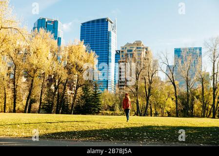 Moderne Aussicht auf die Innenstadt, in der Nähe des Parks. calgary, Kanada - oktober 2019 Stockfoto