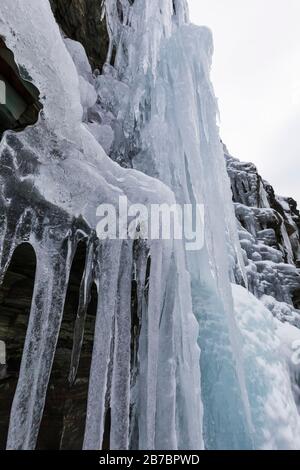 Gefrorene Seeps bilden Eiszapfen und Wasserfälle entlang der felsigen Klippen von Herring Cove, in der Nähe von Champneys West in Neufundland, Kanada Stockfoto