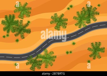 Und leere Wüsten und Palmen Straßenansicht Vektorgrafiken. Reise- oder Safarikonzept Stock Vektor