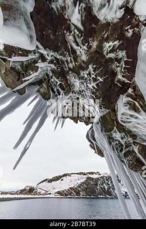 Gefrorene Seeps bilden Eiszapfen und Wasserfälle entlang der felsigen Klippen von Herring Cove, in der Nähe von Champneys West in Neufundland, Kanada Stockfoto