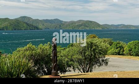 Karaka Point, Marlborough Sounds/Neuseeland - 31. Januar 2020: Der Blick in den Queen Charlotte Sound von Karaka Point. Stockfoto