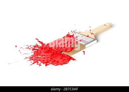Rote Farbe spritzt auf die Farbbürste auf weißem Hintergrund - 3D-Abbildung Stockfoto
