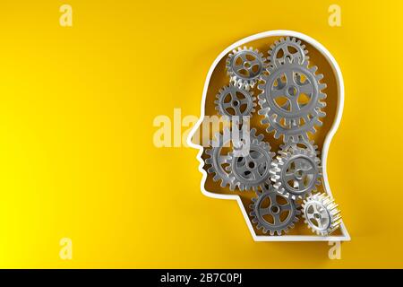 Zahnräder in menschlicher Kopfform über gelbem Hintergrund - Strategie, kreative oder geschäftliche Innovation modernes Minimalkonzept, 3D-Darstellung Stockfoto