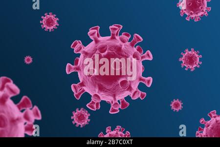 3D-Rendering des 2019-nCoV-Corona-Virus akute Atemwegserkrankungen wurden erstmals im Januar 2020 in der chinesischen Stadt Wuhan entdeckt. COVID-19 Stockfoto