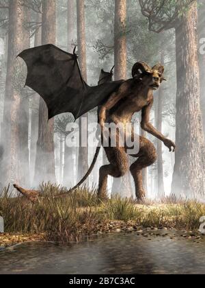 In den Kiefernbarrenen steht eine hoogefütterte Kreatur mit Tierkopf, Hörnern und Fledermausflügeln. Der Jersey Devil ist ein legendäres Kryptid des südlichen New Jersey. Stockfoto