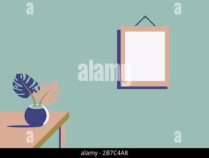 Ein Topf mit Blättern auf dem Tisch und ein Bild-Mockup Stock Vektor