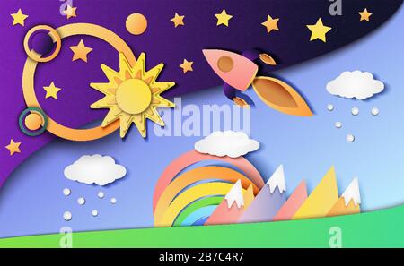 Ein Raumschiff, das von der Erde in den Weltraum fliegt Stock Vektor