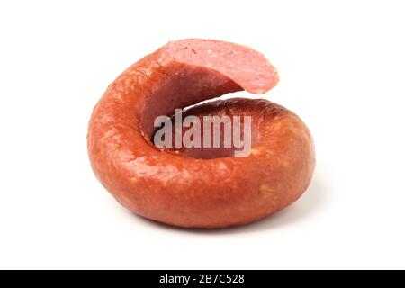 Geräucherte Wurst isoliert auf weiss Stockfoto