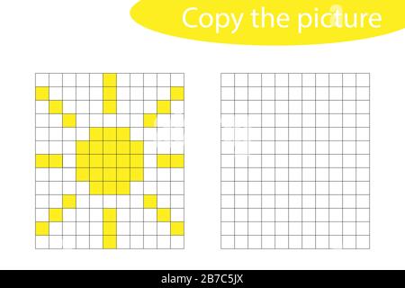 Kopieren Sie das Bild, die Pixelkunst, den Sonnenkartoon, das Zeichnen von Fertigkeiten, das pädagogische Papierspiel für die Entwicklung von Kindern, Kindervorschulaktivitäten Stock Vektor