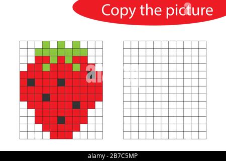 Kopieren Sie das Bild, die Pixelkunst, den Erdbeer-Cartoon, das Zeichnen von Fertigkeiten, das pädagogische Papierspiel für die Entwicklung von Kindern, Kindervorschule Stock Vektor