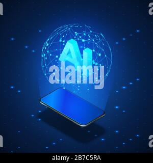 Isometrisches Banner-AI-Konzept. Mobiltelefon mit Hologramm globale Vernetzung und Kopfzeile KI künstliche Intelligenz. Vektordarstellung Stock Vektor