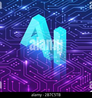 Konzept der künstlichen Intelligenz. Isometrischer AI-Header auf Stromkreishintergrund. Futuristische Illustration. Vektor Stock Vektor