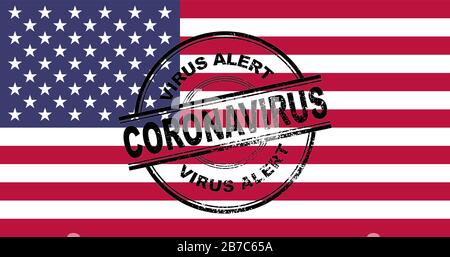 Alarmstempel des Coronavirus. Covic-19-Alarm in den Vereinigten Staaten. Vektorgrafiken mit US-Flaggenhintergrund. EPS 10 Stock Vektor