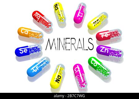 Mineralstoffkonzept - bunte Pillen Stockfoto