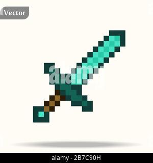 Schwertsymbol besteht aus vielen Pixeln, Farbkarte, Pixelwaffe isoliert auf weißem Hintergrund, Vektorgrafiken, großem Griff mit goldenen Elementen Stock Vektor