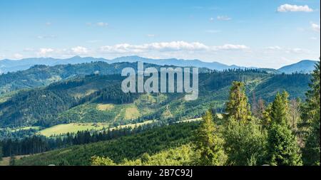 Landschaft der Berge Kysucka vrchovina und Krivanska Mala Fatra vom Aussichtsturm über dem Dorf Zborov nad Bystricou in der Slowakei während eines schönen Sommertags Stockfoto