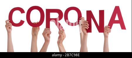 People Hands Holding Word Corona, Isolierter Hintergrund Stockfoto