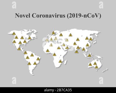 Roman Coronavirus COVID-19 auf Weltkarte. Verbreitung des Virus auf dem Planeten. Stock Vektor