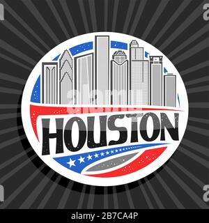 Vektorlogo für Houston, weißer dekorativer runder Tag mit Linienillustration der zeitgenössischen stadtlandschaft von houston am Tag Sky Hintergrund, Touristenkühlschrank mA Stock Vektor