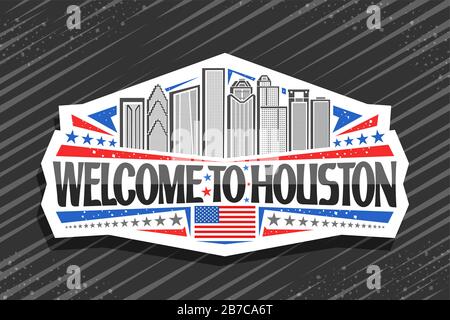 Vektorlogo für Houston, weißes Dekorationsetikett mit Linienillustration der zeitgenössischen stadtlandschaft von houston am Himmel, Kühlschrankmagnet mit cr Stock Vektor