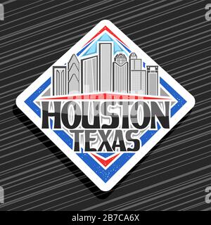 Vektorlogo für Houston, weißes dekoratives Rhombus-Label mit Liniendarstellung der zeitgenössischen stadtlandschaft von houston auf himmelem Hintergrund, Kühlschrank Magnet Witz Stock Vektor