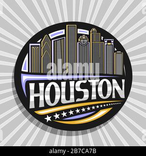 Vektor-Logo für Houston, schwarzes dekoratives Kreisabzeichen mit Liniendarstellung der zeitgenössischen stadtlandschaft von houston auf dämmerschlimmem Hintergrund, touristischer Frigg Stock Vektor