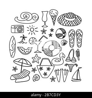 Nahtloses Muster mit von der Hand gezeichneten Symbolen im Sommer auf weißem Hintergrund. Beach-Doodles-Druck. Vektorgrafiken. Stock Vektor