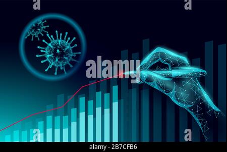 Die Zahl der Coronavirus-Statistiken wird größer. Infektionsgefahr durch Pneumonie. 3D-Handpunkt, niedrige Poly. Internationales Design. Gegen Virus-Epidemie-Vektor Stock Vektor