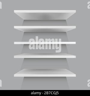 Realistisches Ladenregal. Leere weiße Verkaufsregale. 3D-Wanddesign für den Laden. Vektorilustration. Stock Vektor