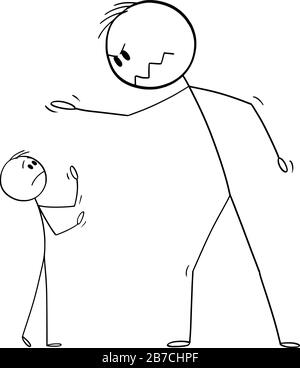 Vektor-Cartoon-Strichfigur, die eine konzeptionelle Abbildung des großen Mannes zeichnet, der bei einem kleinen Mann oder einem Chef schreit, der bei einem Arbeiter oder Angestellten schreit. Stock Vektor