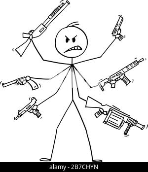 Vector Cartoon Stick Figure Zeichnung konzeptionelle Illustration des Menschen mit sechs Armen, die Waffen wie Pistole, Gewehr, Granatwerfer und Sub-Machine Gun.Concept of Fight and Violence halten. Stock Vektor