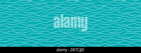 Wellenlinien Vektor nahtloser Rand. Dünnes, handgezeichnetes, ungleichmäßiges, horizontales Seewellenbanner im Doodle-Stil. Band mit abstraktem maritimen, geometrischem Wiederholungsmuster Stock Vektor