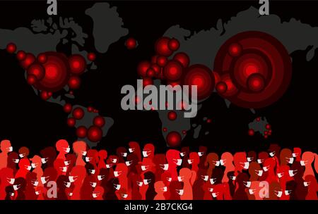 CORONAVIRUS. Menschenmenge, die sich vor epidemischen Pandemie-Infektionen schützt.Gruppe von Menschen, die medizinische Masken tragen.Virus-Kontamination. Stock Vektor