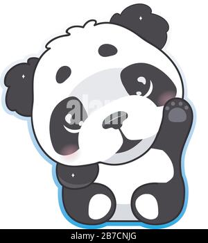 Süßer Panda winkt Hand kawaii Cartoon Vektorfigur. Wunderbares, fröhliches und lustiges Tier mit einem isolierten Aufkleber mit hoher Grußgeste und Flecken. Anime Baby Stock Vektor