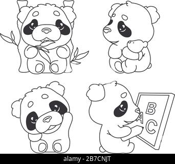 Süße Panda kawaii Linearfiguren im Paket. Liebenswürdige, fröhliche und lustige Tiere essen Bambus, winken Hand isoliert Aufkleber, Flecken gesetzt. Anime Baby Panda Stock Vektor