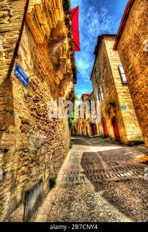 Stadt Sarlat-la-Caneda, Frankreich. Künstlerische Sicht auf die mittelalterlichen Straßen und Gassen von Sarlat in der Sackgasse de la Vieille Poste. Stockfoto