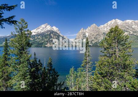 Blick auf die Grand teton Berggipfel und die Fähranlandung auf jenny Lake Wyoming USA Stockfoto