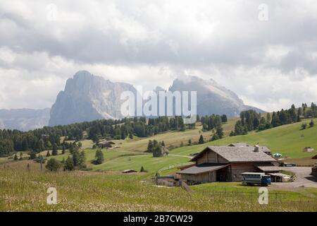 Der Lagkofel und Plattkofel über Heuwiesen Dorf Kompatsch Seiser Alm oberhalb des Grödner Sommers die Dolomiten Südtirol Italien Stockfoto