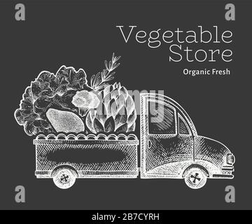 Grünes Gemüse shop Lieferung logo Vorlage. Hand vector Truck mit Gemüse Illustration gezeichnet. Graviert style vintage Food Design. Stock Vektor